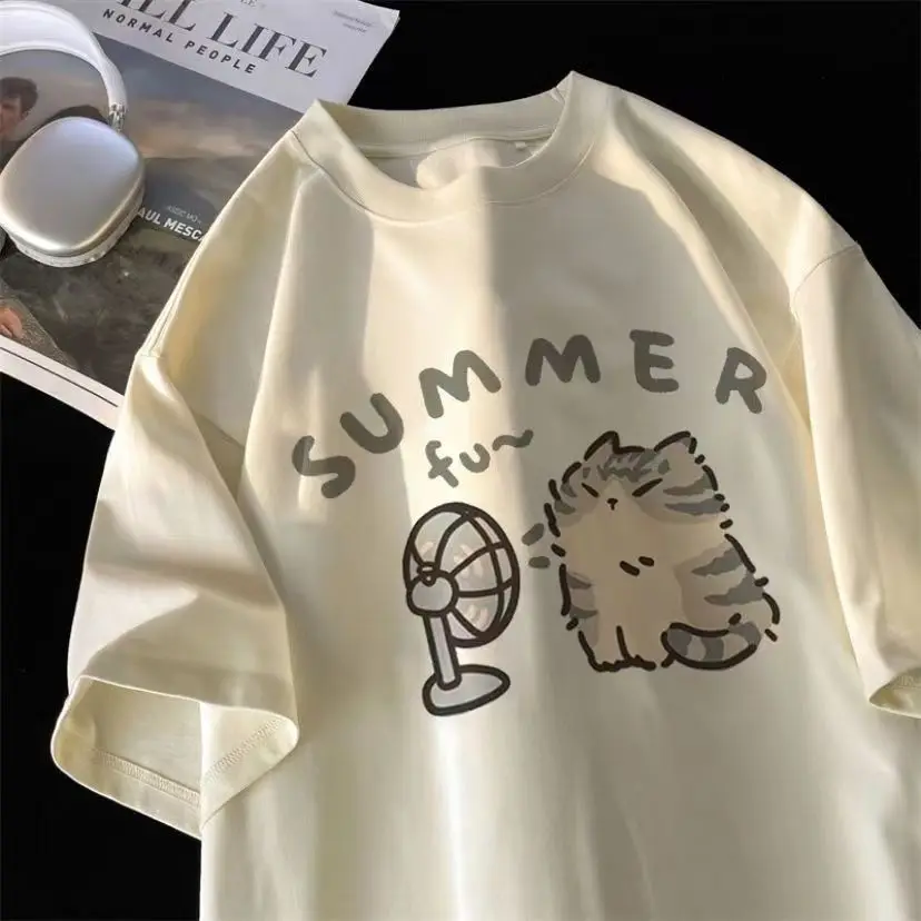 Korean Street Style Cat Print Cotton T-Shirt – Unisex Summer Comfort
