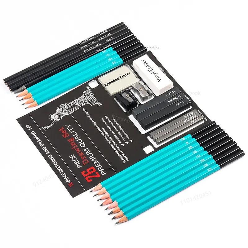 전문 드로잉 연필 스케치 세트, 연필 샤프너 지우개 도구, 미술 용품, 전체 아티스트 키트, 26 개