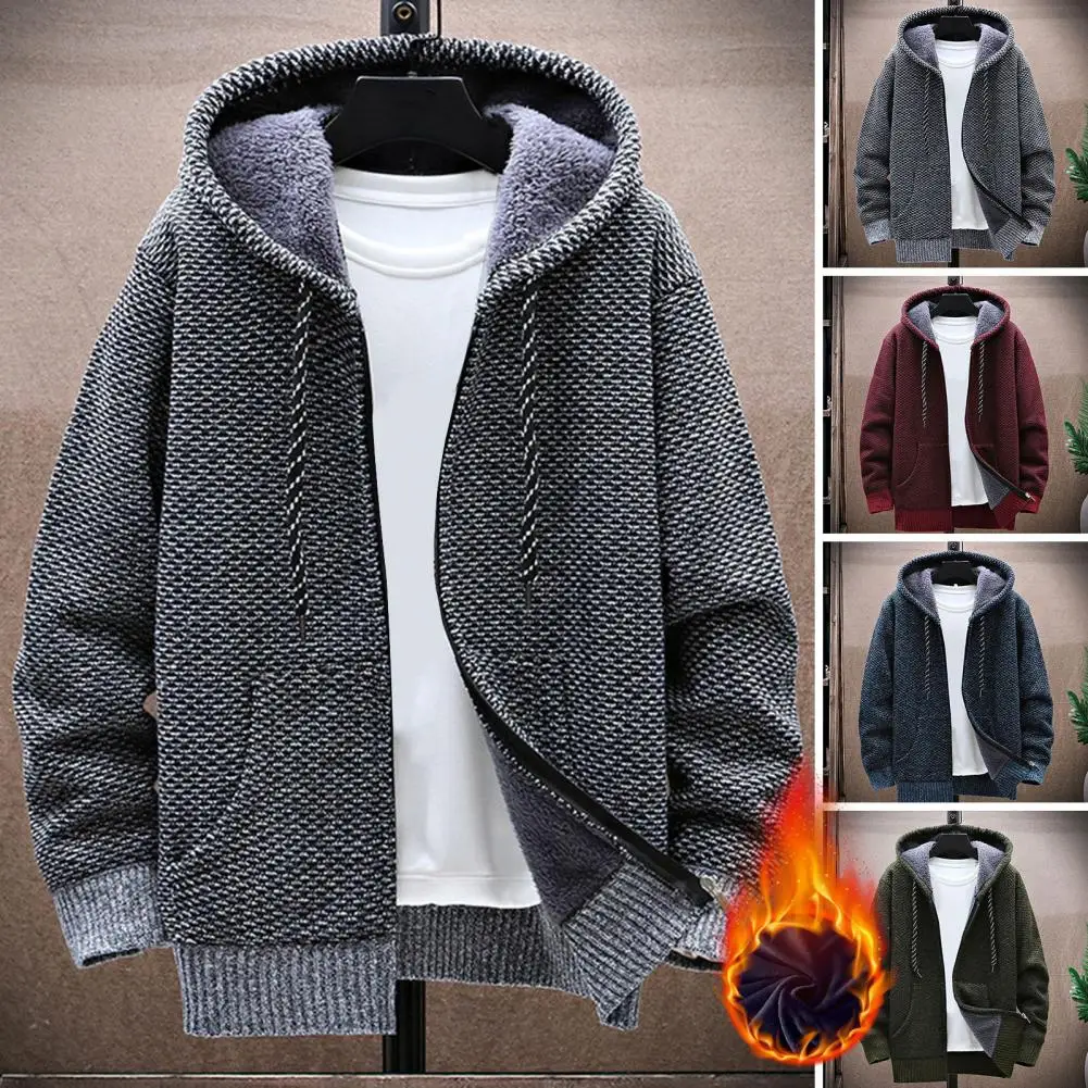

Men Winter Thickened Plush Lining Sweater Coat Hooded Drawstring Long Sleeve Pockets Zipper Placket Cardigan Knitted Jacket