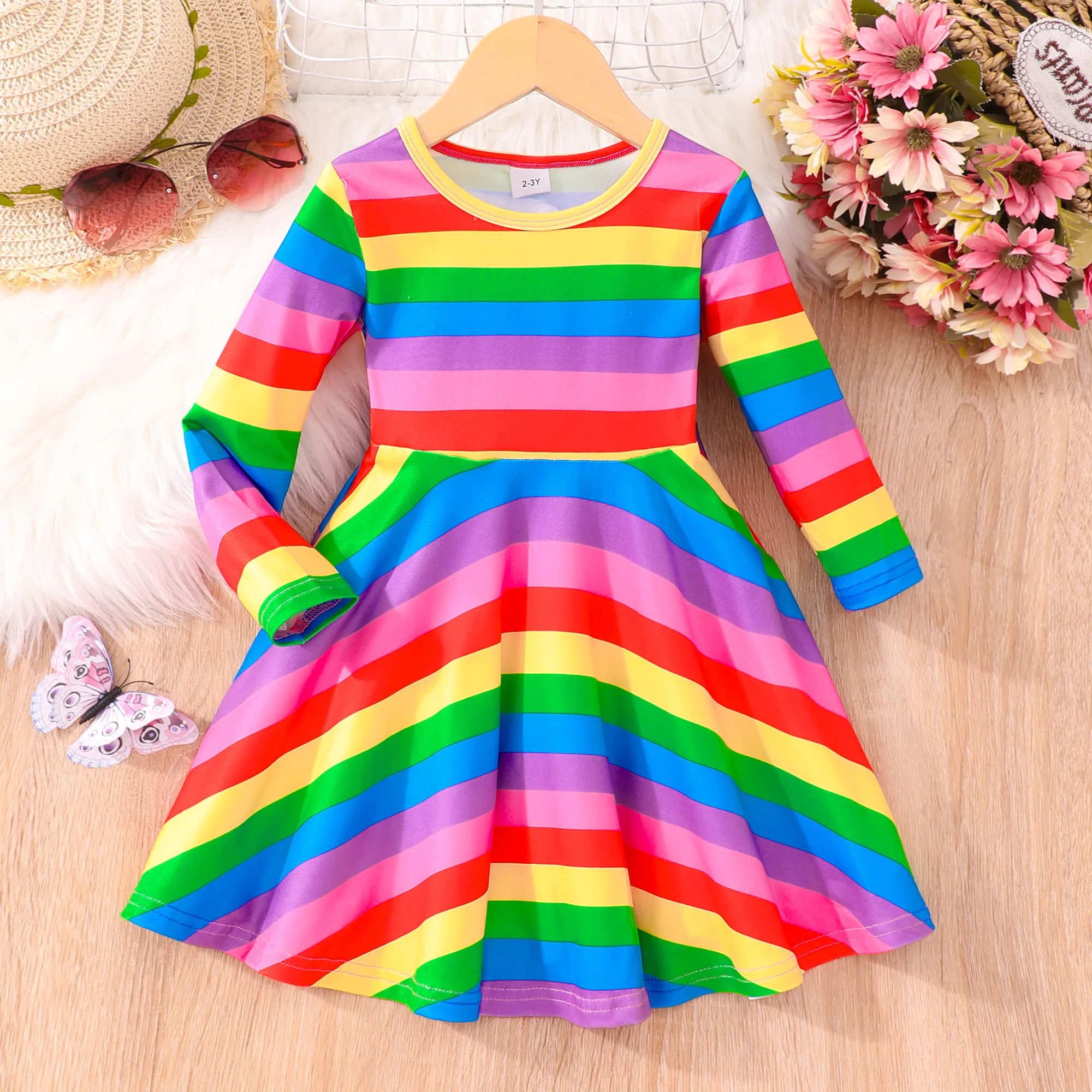 2024 Dress Baby Girl Kids Clothes Rainbow Summer Autumn Long Sleeve Festival Children Party Princess Dresses 2 3 4 5 6 7 Years