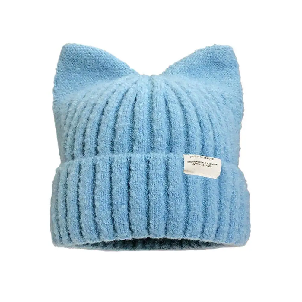 Cute Cat Ears Cap Autumn Sweet Thickened Knitted Hats And Winter Warm Ear Protection Outdoor Windproof Warm Beanies Hat