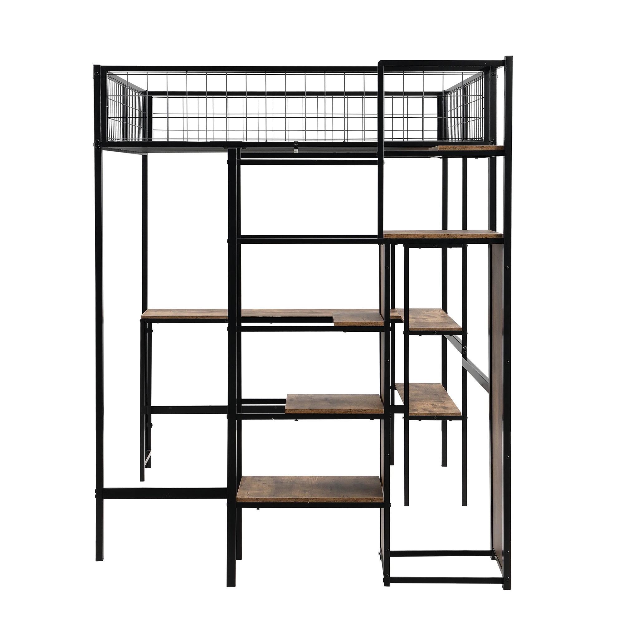 Hochbett, 140*200 cm, Eisenbett, Aufbewahrungsleiter, mehrere Regale, ohne Matratze, integrierter Kleiderschrank, Schreibtisch, schwarz – Detail 10