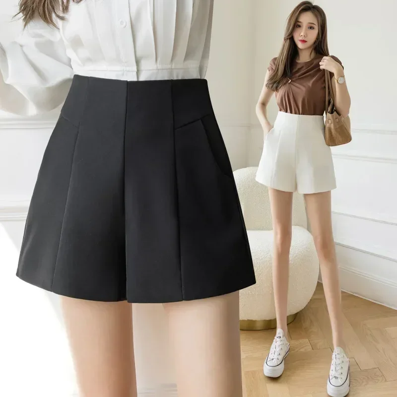 Summer Black Suit Shorts Women Casual High Waist Loose Shorts Office Lady Outwear Suit Shorts Wide Leg A-line Basic Short Pants