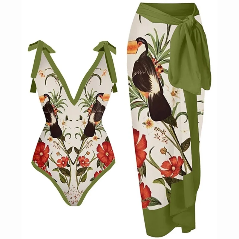 Womens One-Piece Swimwear Printed Chiffon Cover up Beach Sarong Swimsuit Wrap Maxi Skirt Bathing Bikini 2-Piece Set Beachwear