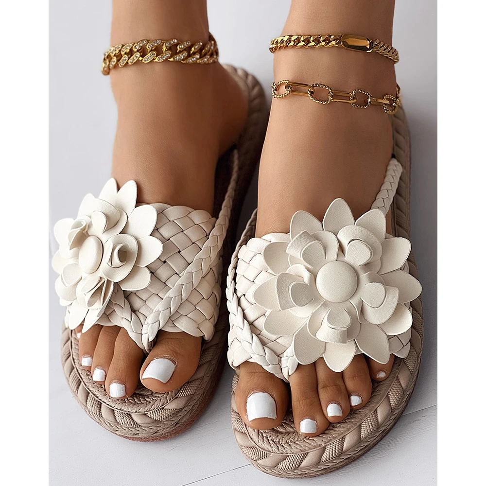Fashion Women Beach Flip Flops Lady Summer Casual Going Out Braided Floral Pattern Toe Post Design Sandals Beach Shoes Party