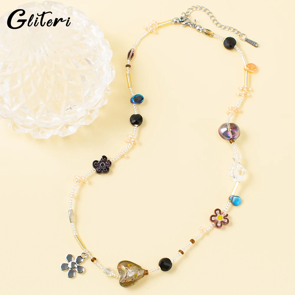 GEITERI INS Style Multi Element Crystal Heart Necklaces For Women Girls Geometric Cute Beads Clavicle Chain Choker Jewelry Party
