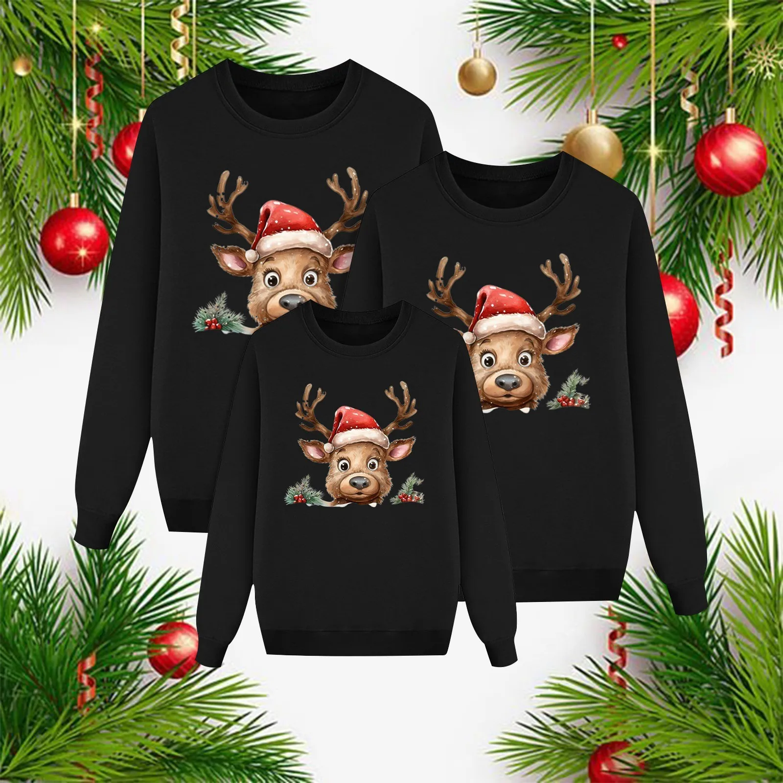 thumbnail image 1 of Suéter familiar con estampado de ciervos navideños, conjunto informal a juego con dibujos animados para toda la familia, ropa de estar en casa de color sólido, sudadera para padres e hijos, 1 of 5