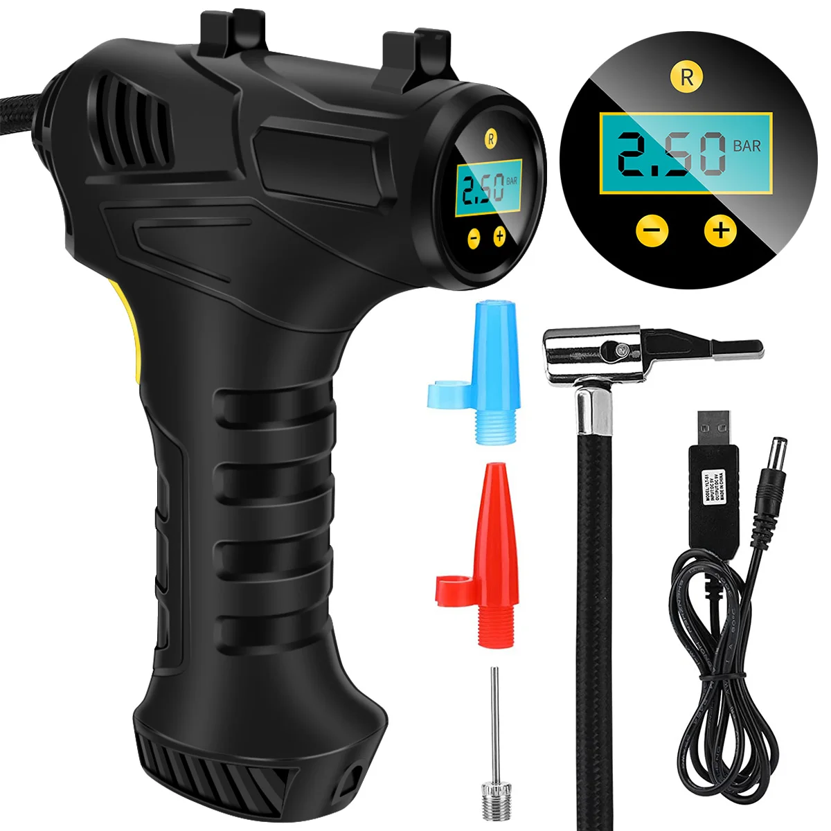

Cordless Tyre Inflator 12V 120W USB Rechargeable Air Compressor Handheld Electric Digital Tire Pump for Car Motorcycle Bicycle