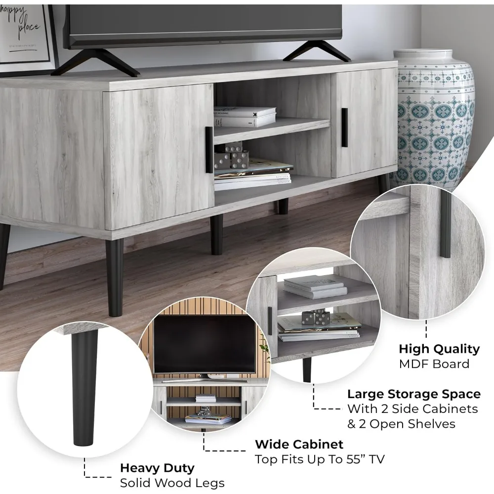 Mid-Century Modern Rustic 45" TV Stand with 2 Side Doors Entertainment Center Console for Living Room Bedroom Office - Supports 4