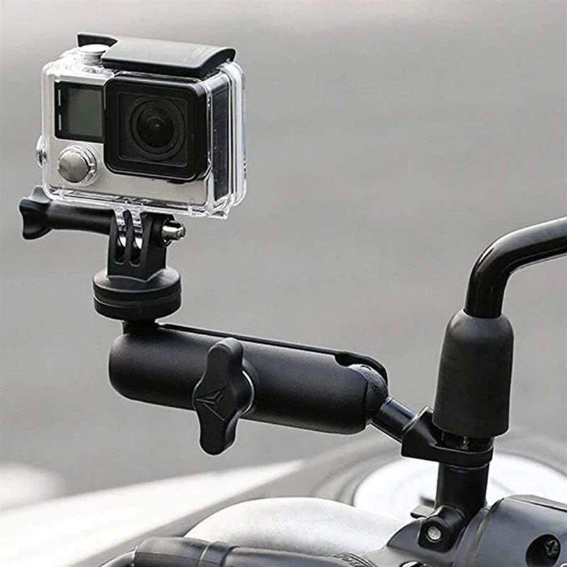 Vue éclatée du support de caméra d'action pour guidon moto et vélo, avec les différentes pièces et outils.