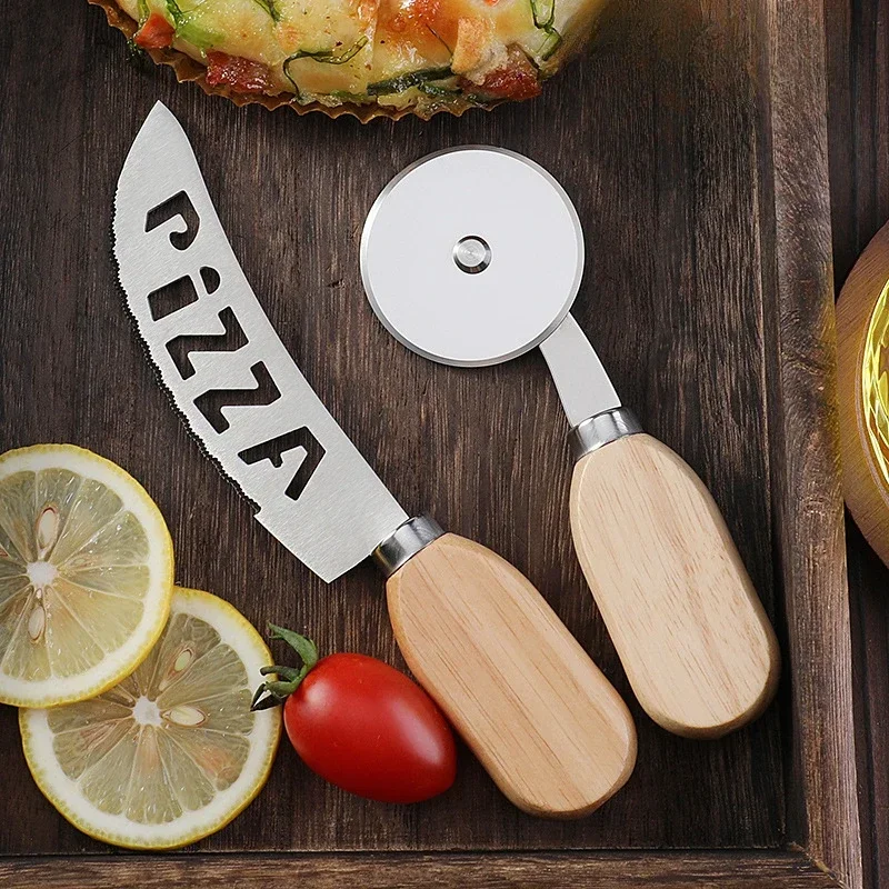Stainless steel pizza knife oak handle roller cutter