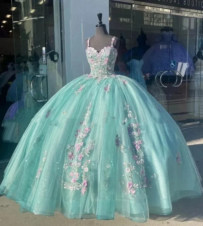 ANGELSBRIDEP Princess Mint Quinceanera Dresses Off Shoulder 3D Applique Vestidos De 15 Anos Ball Gown Sweet 16 Princess Party