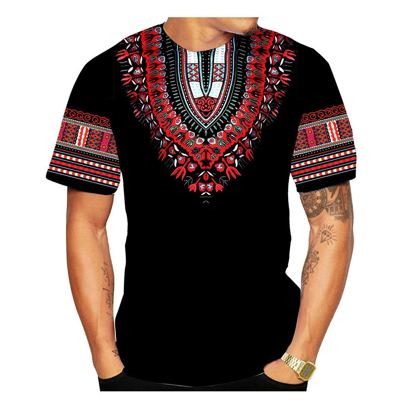 

New Summer Men's T-Shirt Round Neck Shirt 3D Printed African Ethnic Pattern Loose Vintage Dress Short Sleeve
