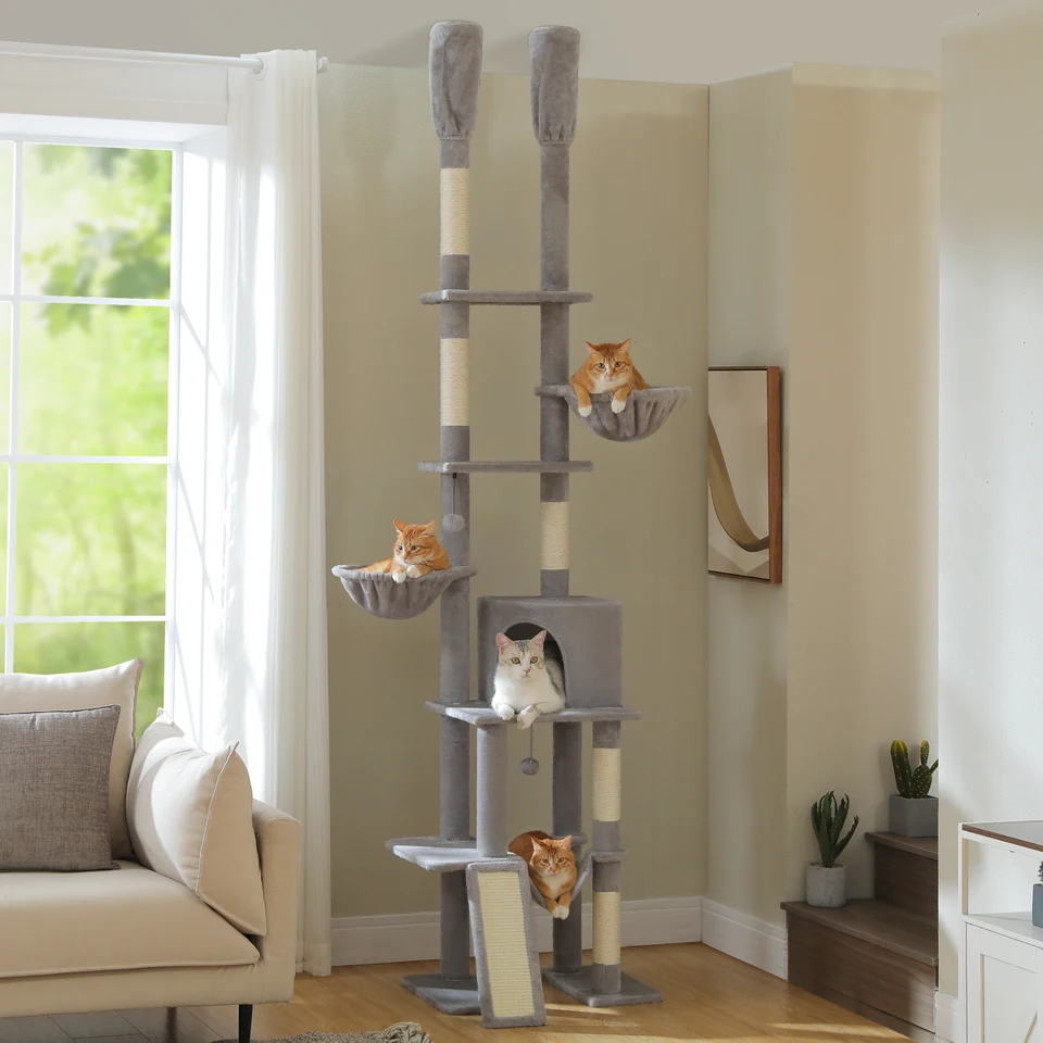 Adjustable Height Cat Tower with Hammock and Scratching Posts