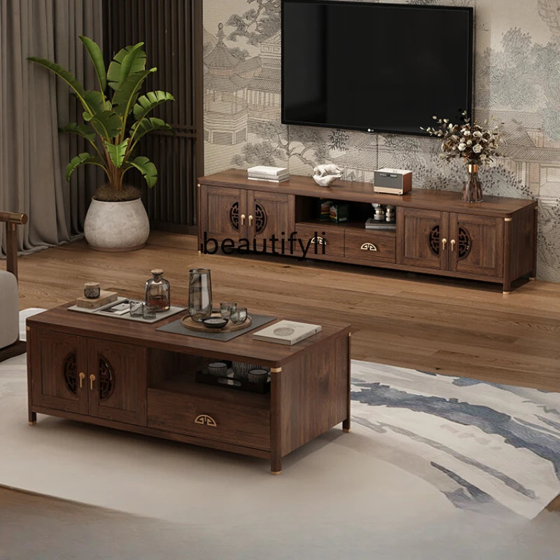 

Chinese Retro TV Cabinet and Tea Table Combination Solid Wood Carved Door Leaf TV Low Floor Cabinet Film and Television Cabinet