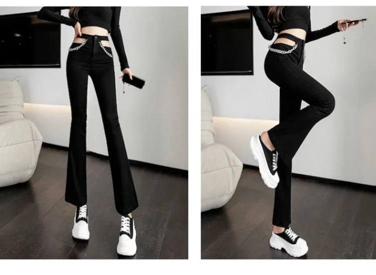 chain Cotton Jean Women Hollow Out Fashion Jeans Woman High Waist Pants Straight Leg Black Denim Clothing Streetwear levis jeans