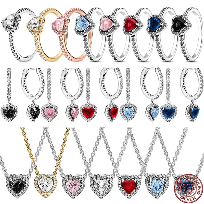 

925 Sterling Silver Classic Heart shaped Shiny Various Colors Zircon Earrings Ring Necklace Exquisite Luxury Charm Jewelry Gifts