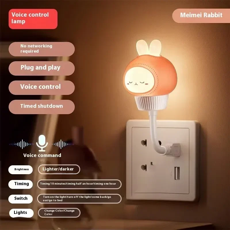 Smart Voice Control Moon Night Light Rabbit Cat USB Bedside Animal Lamp for Kids Nursery Voice Activated Bedroom Light