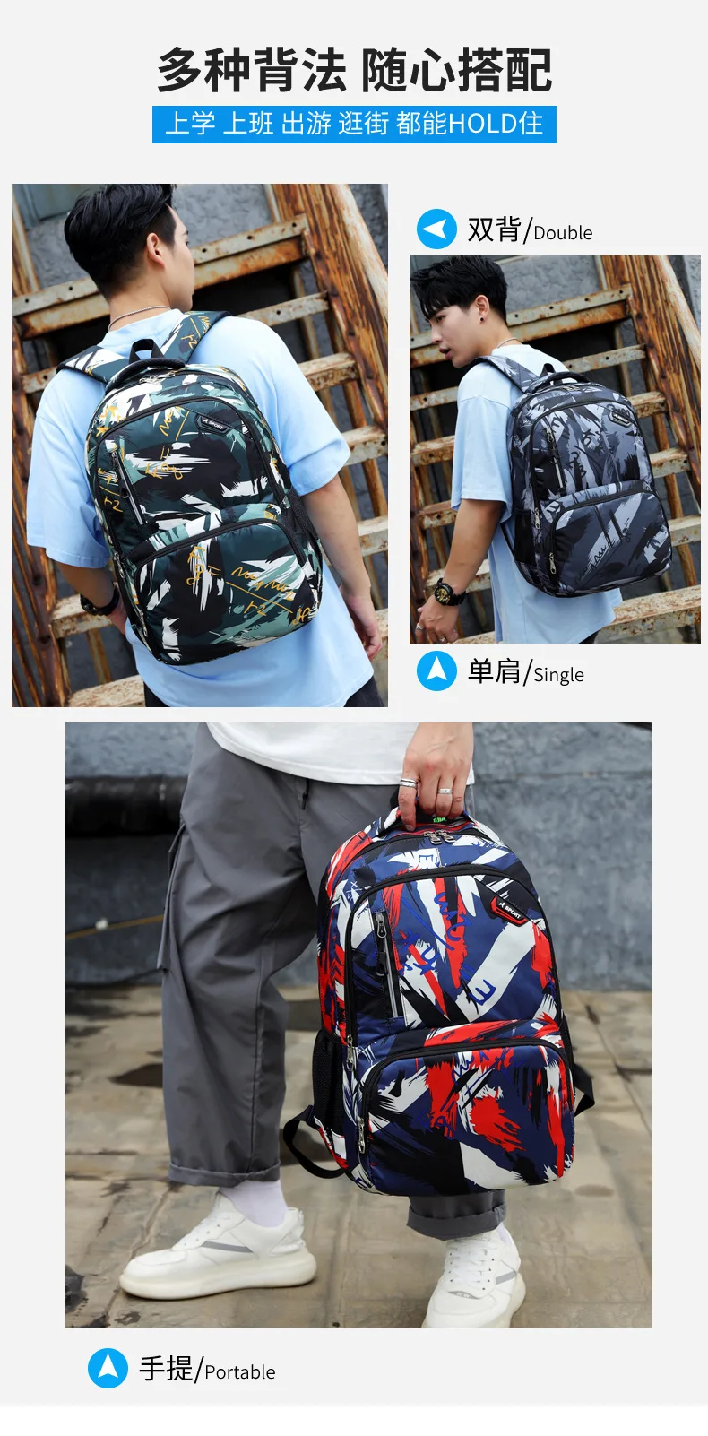 Kreative Neueste Camouflage Rucksack Trendy Student Schule Tasche Reise Rucksack Koreanischen Stil Unisex Verdicken Business Schulter Taschen – Detail 10