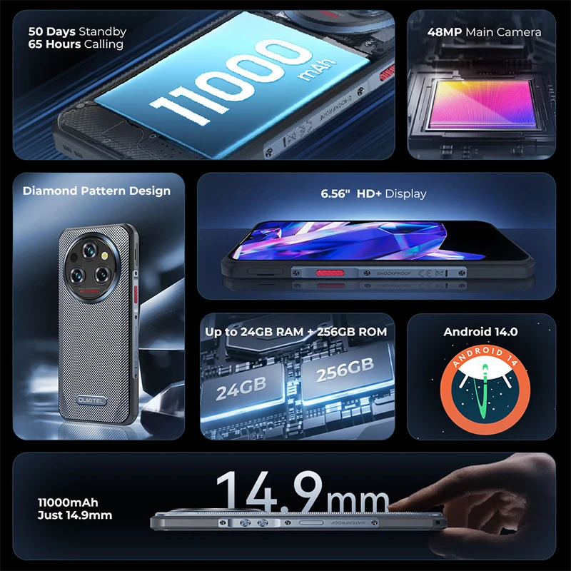 Oukitel WP35 S Rugged phone 6.56" HD+ Display 6GB 256GB 11000mAh Cellphones Android 14 NFC 48MP Rear Camera IP69K Smartphone Bus 2