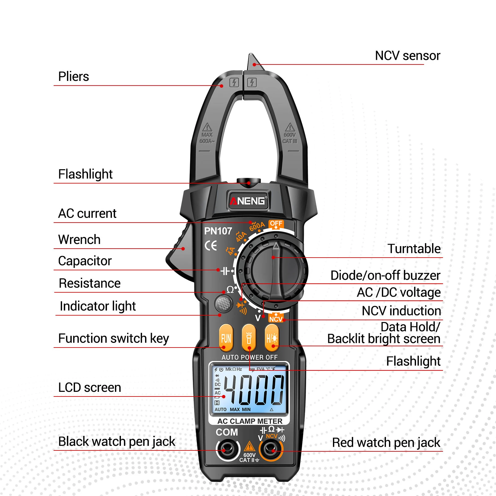 ANENG PN107 4000 카운트 디지털 클램프 계량기, 600A AC 전류 테스터, 전압계 전류계 NCV 다이오드 전문 전기 도구