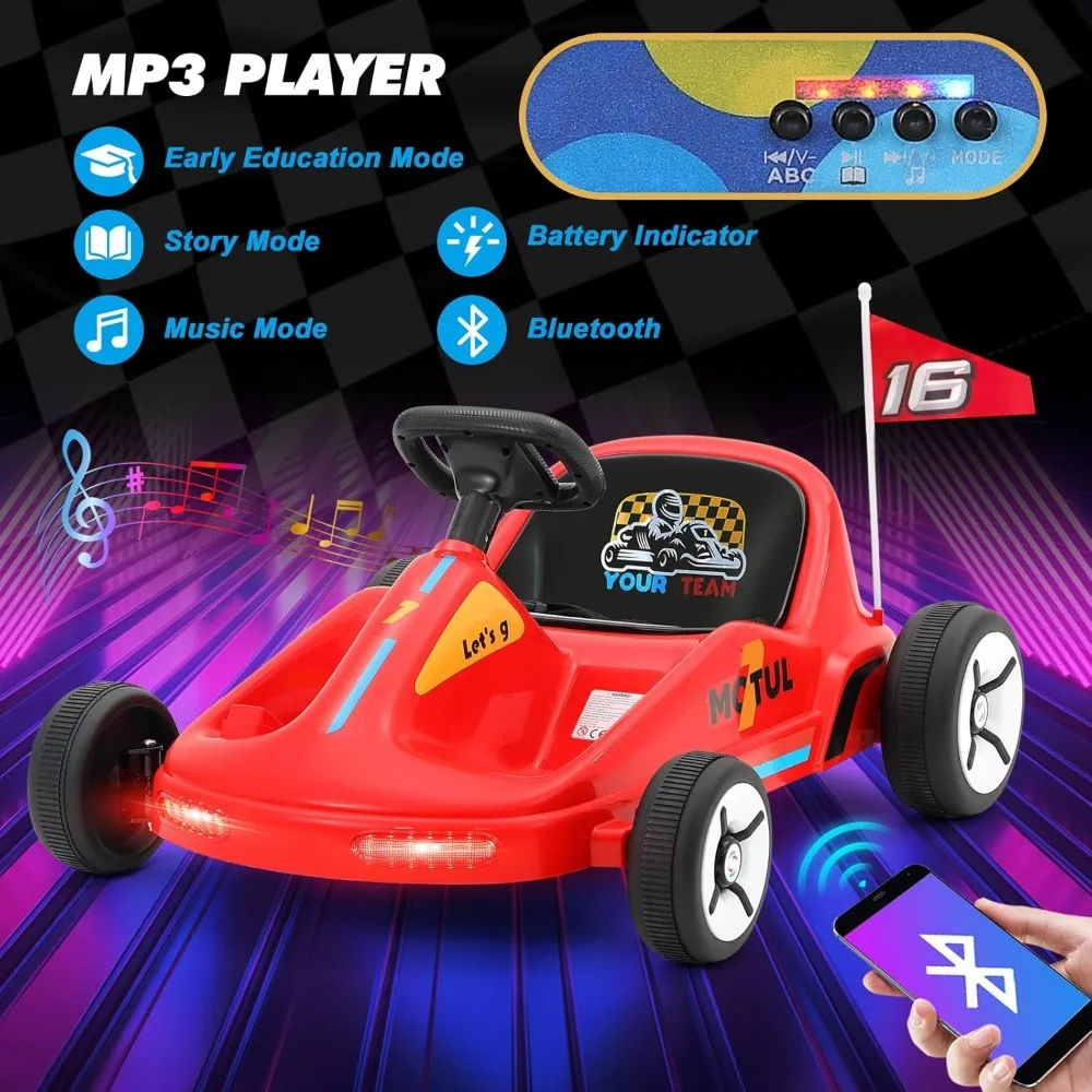 Kids Ride On Car, 12V7AH Battery Powered Electric Cars for Kids, Ride On Toy with Remote Control, Flag, Music, Lights, Red
