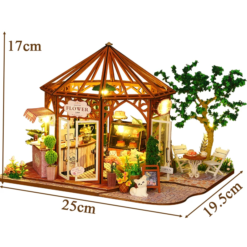 DIY Wooden Miniature Model Kit Flower Coffee Store Casa 3D Puzzle Dollhouse With Furniture Lights Home Decor for Friends Gifts 6