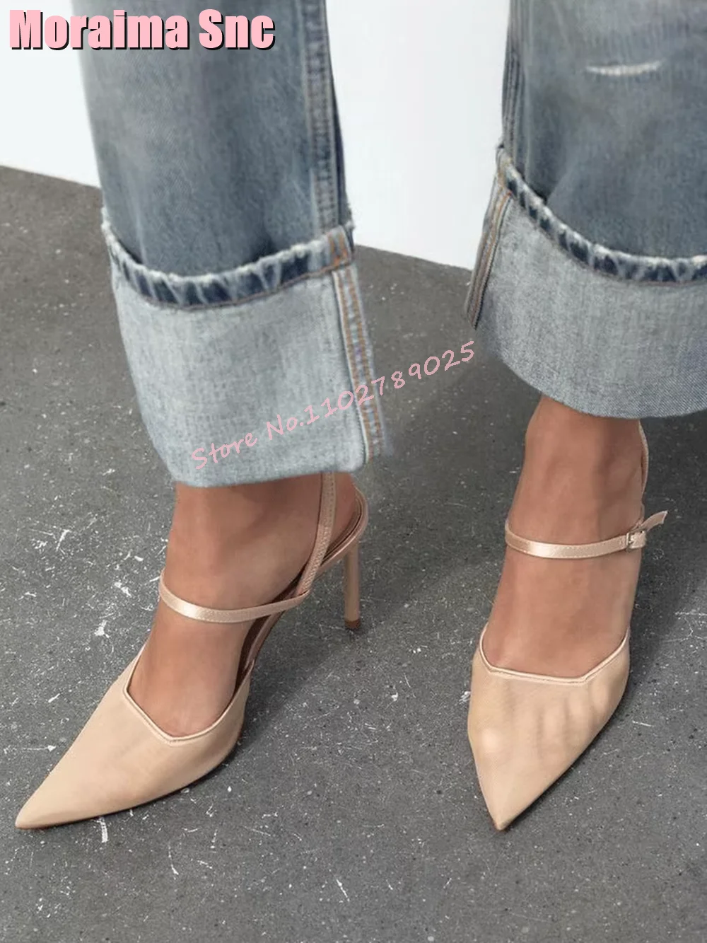 

Sexy Pointed Toe Mesh Sandals Stiletto High Heel Ankle Buckle Strap Fashion Women's Shoes Summer Apricot Solid Concise Style New