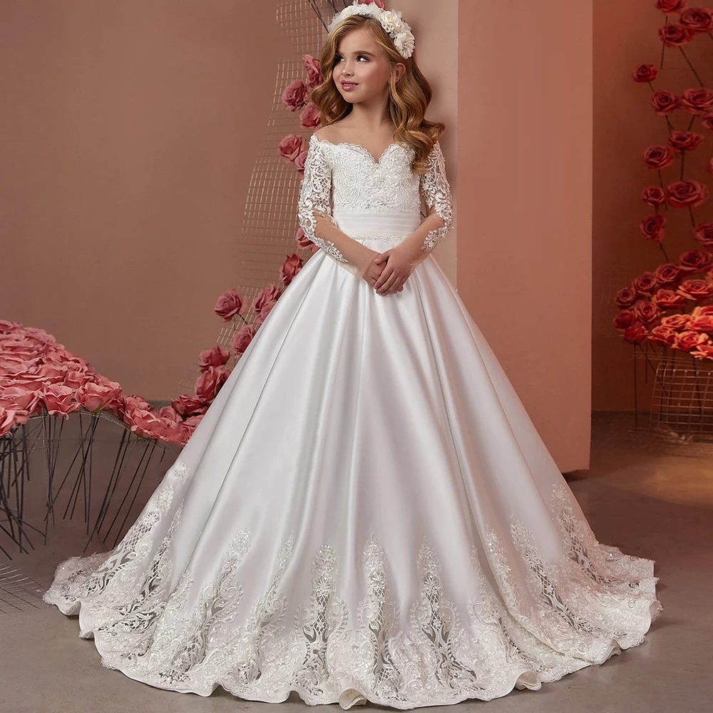 White Flower Girl Dresses Pageant Gown Wedding Satin Appliques Floor Length Elegant Birthday Party First Communion Gown flower girl dresses floral appliqu&eacute; dress girls dresses satin formal dress