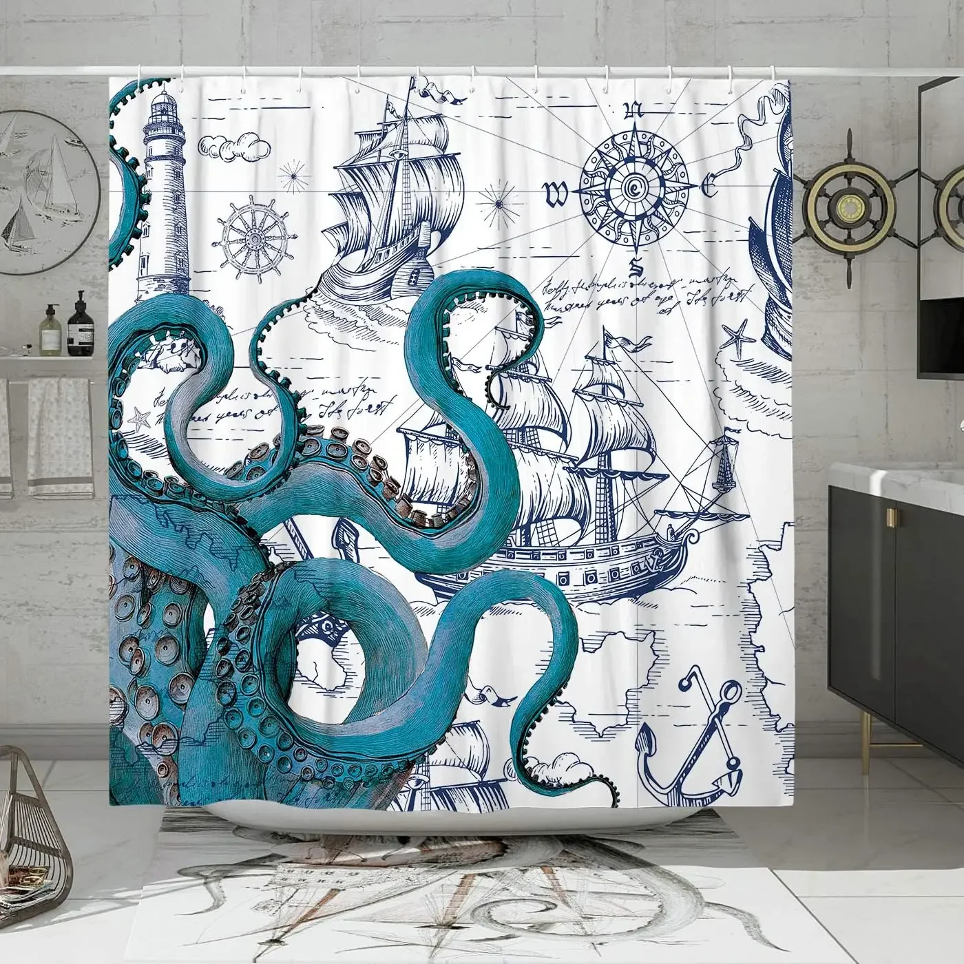 thumbnail image 1 of Cortina de ducha con diseño de océano, playa, palmeras tropicales, tortuga marina, gato, vela, flamencos, concha de coral, juego de cortina de ducha para decoración de baño, 1 of 5