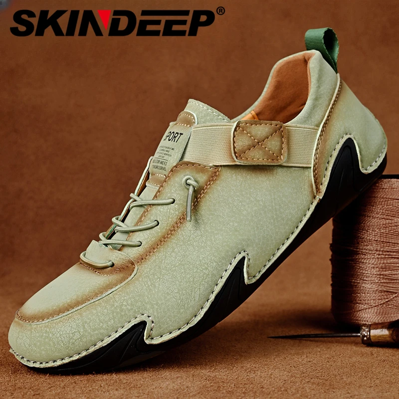 

SKINDEEP New Leather Men Casual Shoes Hand Made Flats Sneakers Men No-tie Elastic Laces Soft Moccasins Footwear Plus Size 38-48