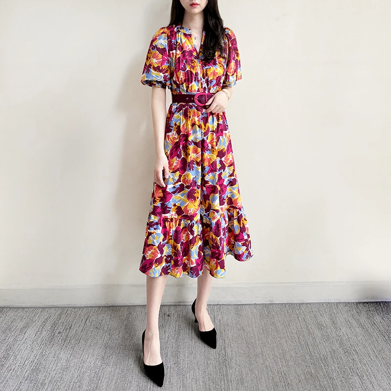 

New Summer Puff Sleeves Belted Waist Midi Shirt Cotton Dress US 2 -10