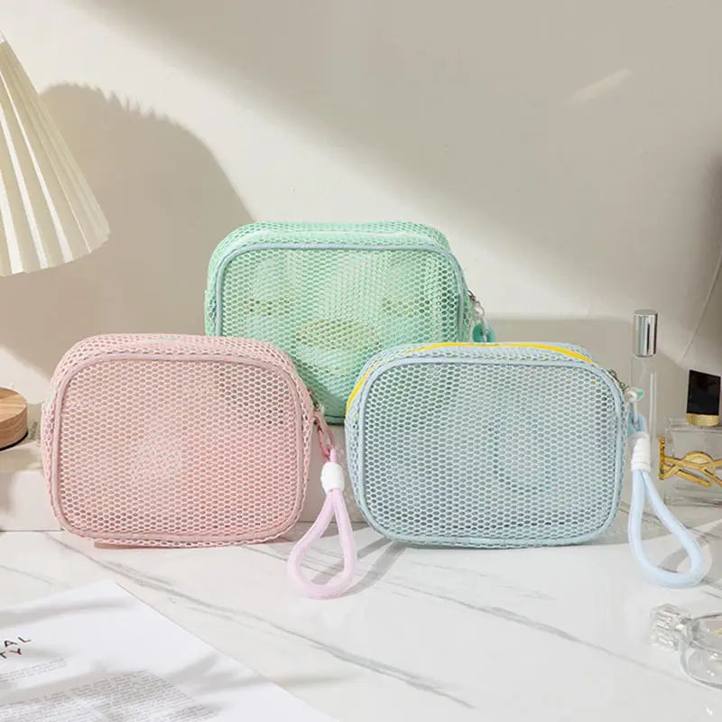 Mesh Cosmetic Bag Portable Travel Makeup Bag Mini Grid Storage Bags Breathable Cosmetic Storage Pouch Compact Size Solid Color