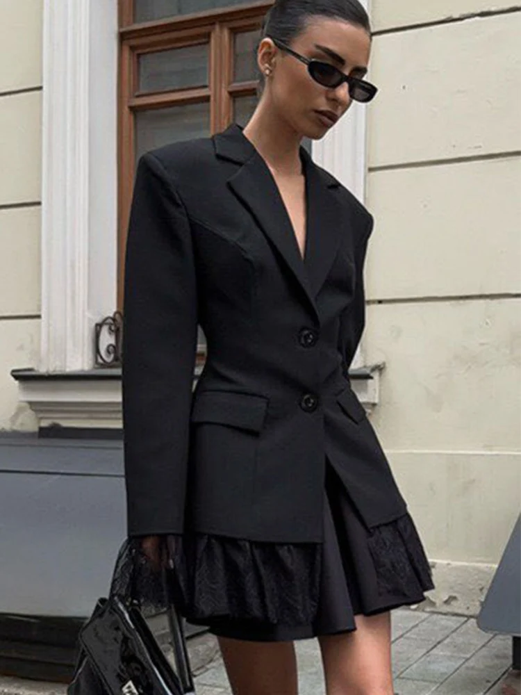 Autumn New Women Fashion Suit Coat Solid Color Elegant Lace Splicing Design Fashion Commuting Long Sleeved Coats Chic Slim