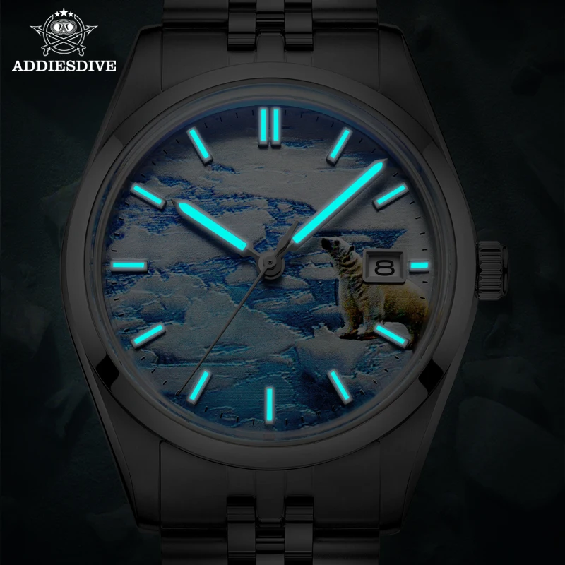 ADDIESDIVE Men's Watches 10Bar Diver BGW9 Blue Luminous Glacier 3D Dial Bubble Mirror Glass Automatic Mechanical Watches