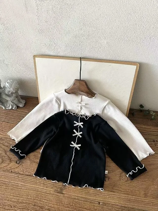 2025 Autumn New Baby Long Sleeve T Shirts Solid Girls Cute Bow Cotton Bottoming Shirts Infant Ribbed Tops Children Clothes 3