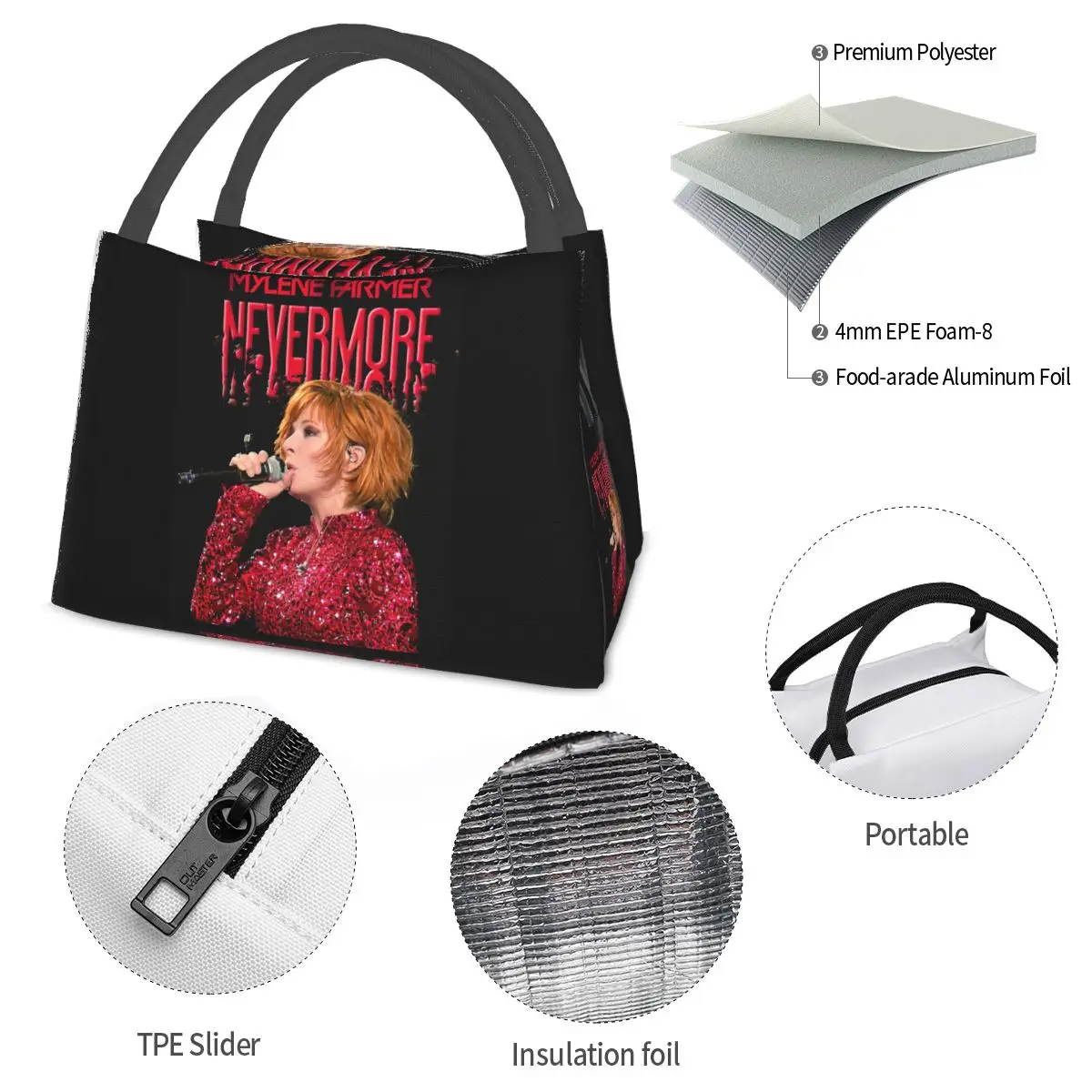 Nevermore Tour Mylene Farmer 여성용 절연 도시락 가방 도시락 보관 식품 상자 컨테이너 쿨러 열 도시락 토트 백