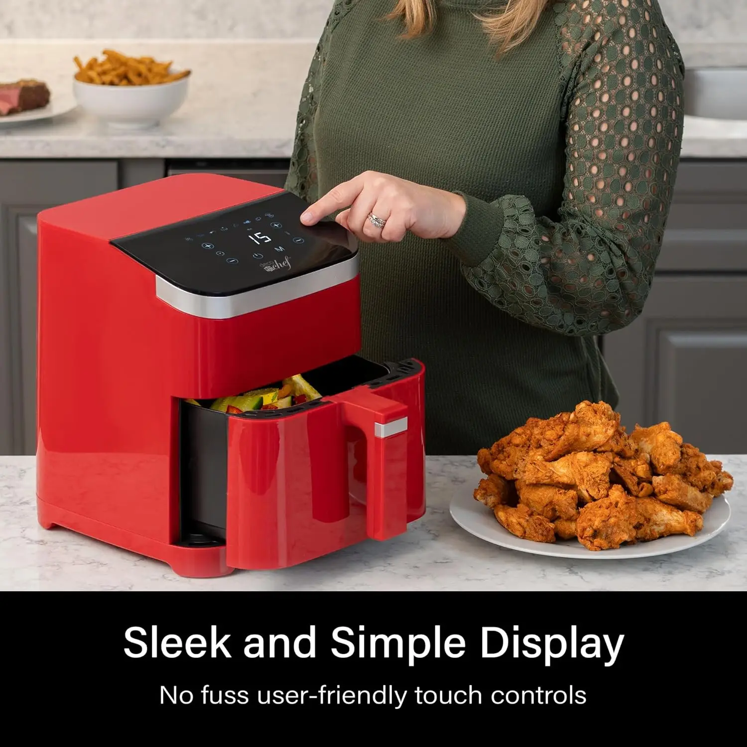 Chef 5.8QT Air Fryer, 8-in-1 Smart Cooking Programs, Nonstick and Dishwasher-Safe Basket, Complete Recipe Book, Red, DCDAIR 3