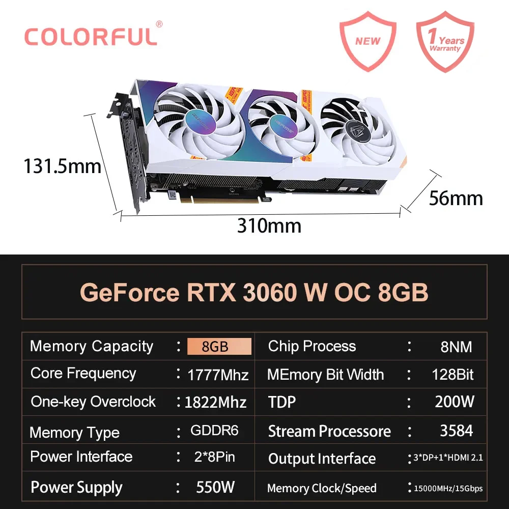 グラフィックボード・グラボ・ビデオカード GeForce RTX 3060Ti Colorful Ultra Colorful iGame GeForce RTX 3060 Ti Ultra NB W OC Gaming