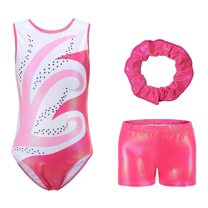 Gymnastic Suit With Body Shorts Hair Band Kids Girls Patchwork Printed Leotard Sleeveless Jersey Jumpsuit Tracksuit Gym Suit gymnastics dancewear sets