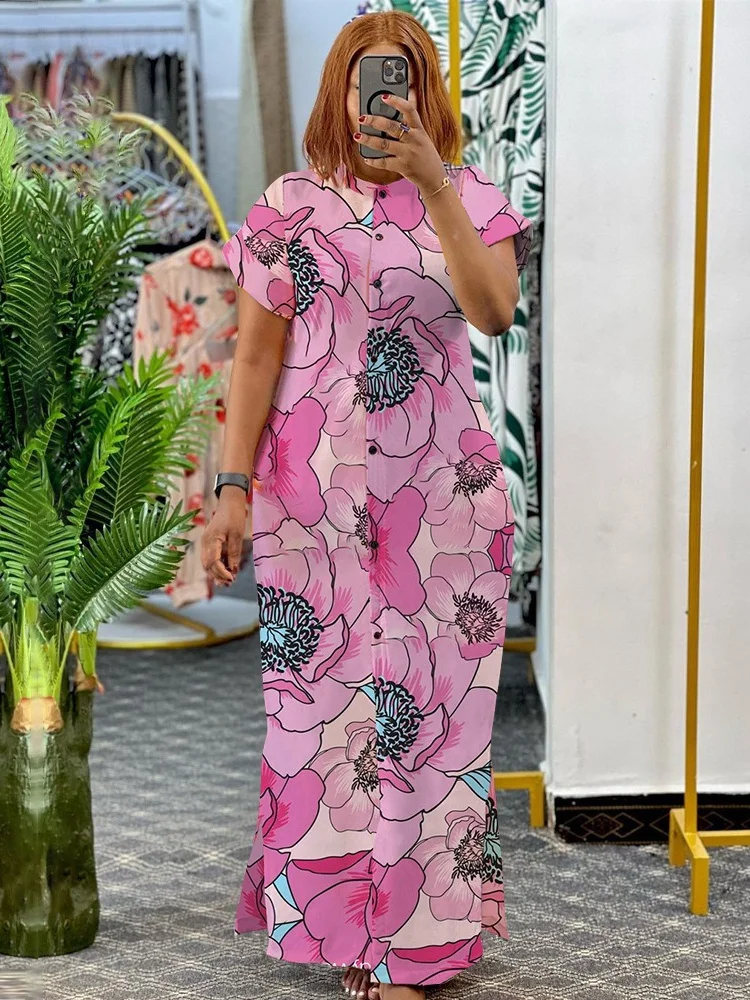 Wmstar Plus Size Dresses for Women Printed Short Sleeve Fashion Party Bodycon Stretch Button Maxi Dress Wholesale Dropshipping