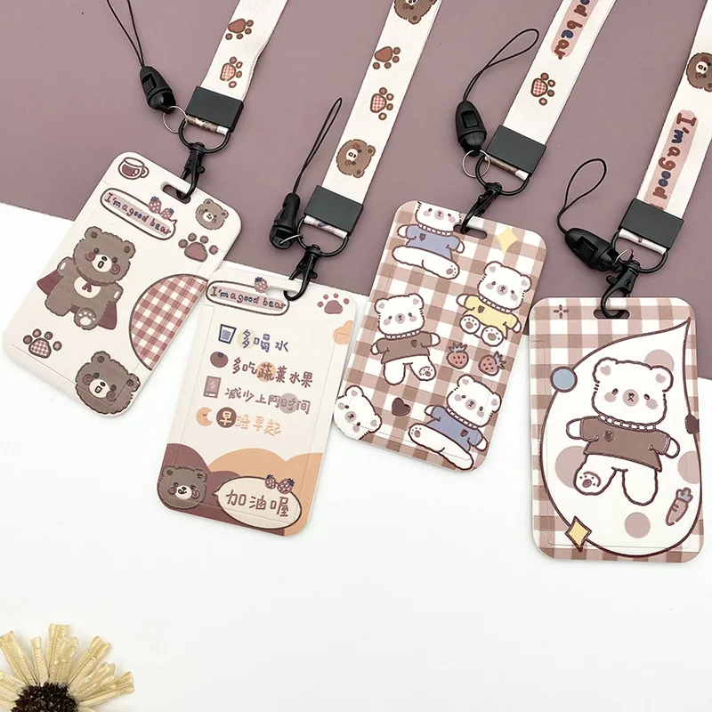 

Women Men Work Card Cover with Lanyard Cartoon Bear Pattern Business Name Card Badge Holder Bus Access Guard Credit Card Case