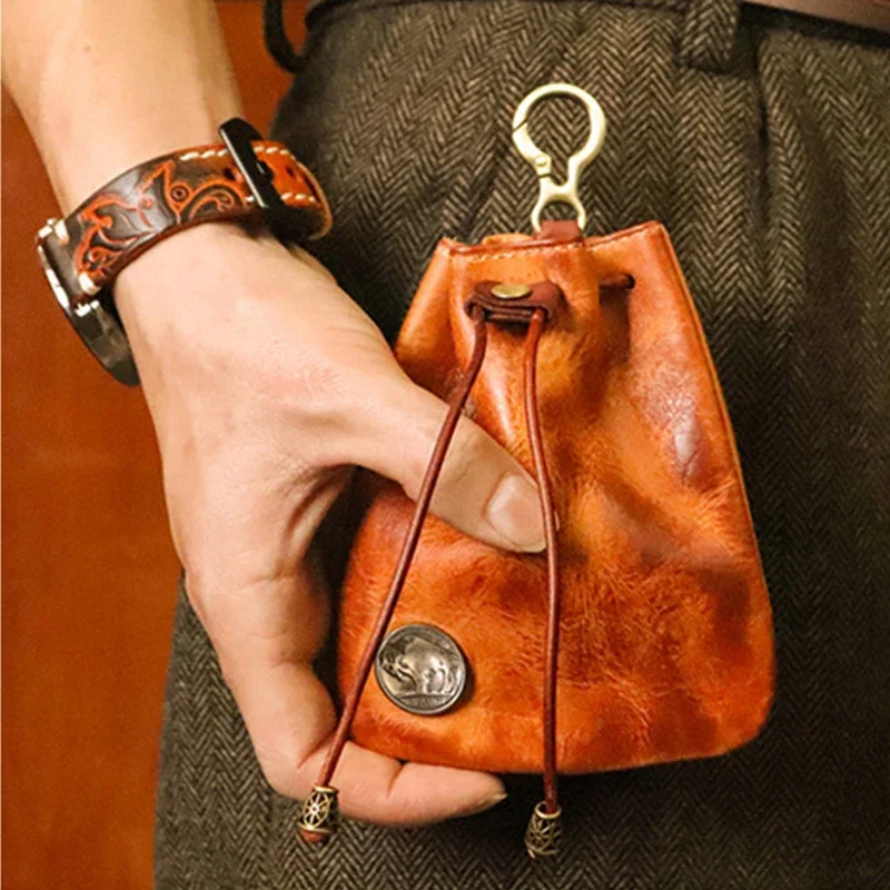Original Leather Men Coin Purse Drawstring Design Vintage Leather Pocket for Cigarette Shreds Waist Hanging Key Organizer Wallet key organizer