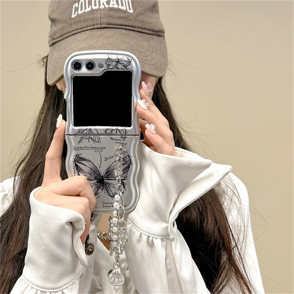 Fashion Butterfly Matte Silver Phone Case with Wave Border and Pendant Cover