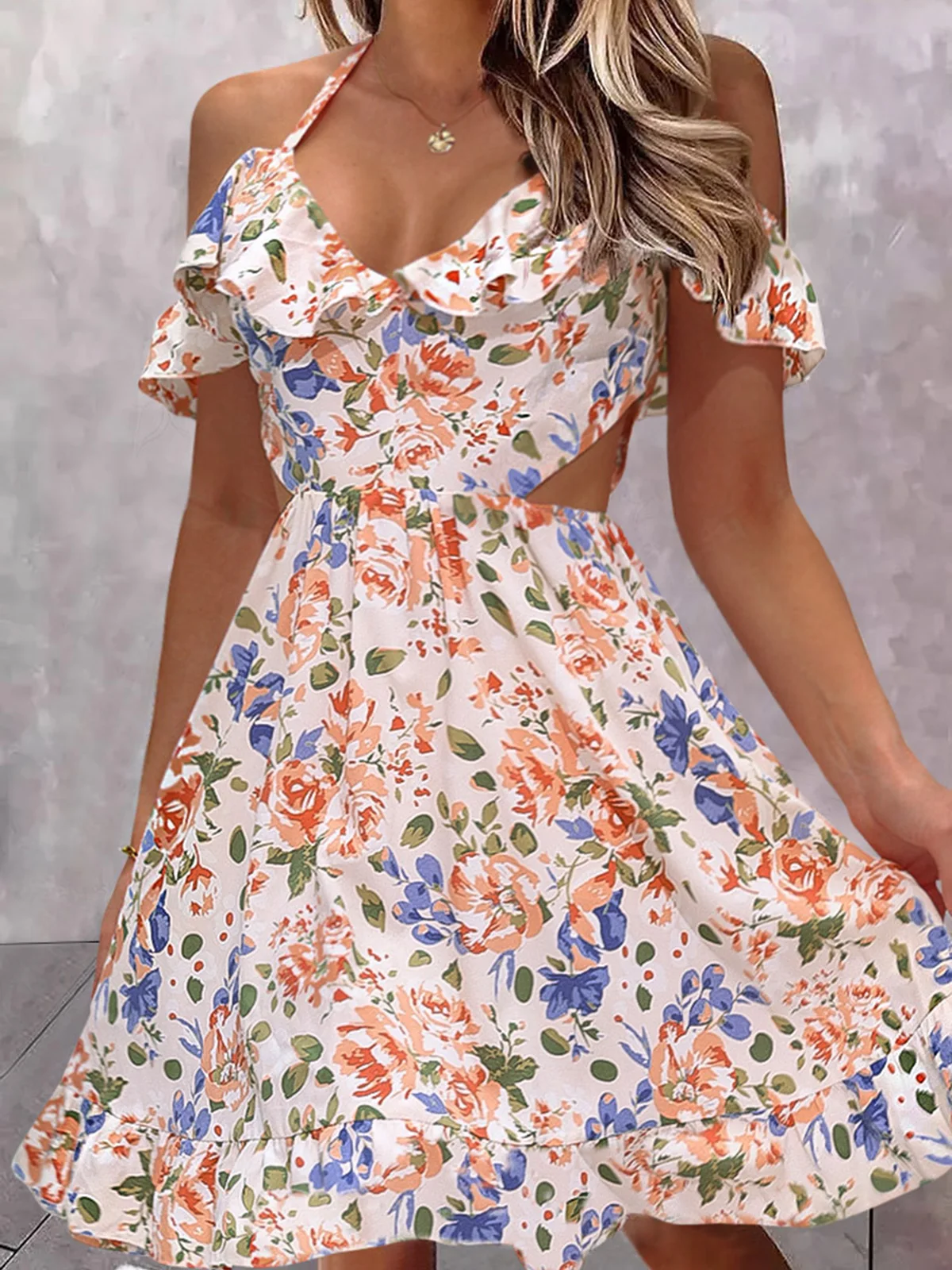 

2023 Summer Floral Hollow Out Ruffled Halter Tie Mini Dress Fashion Flower Charming Playful Cute Pullover Skirt For Women Girls