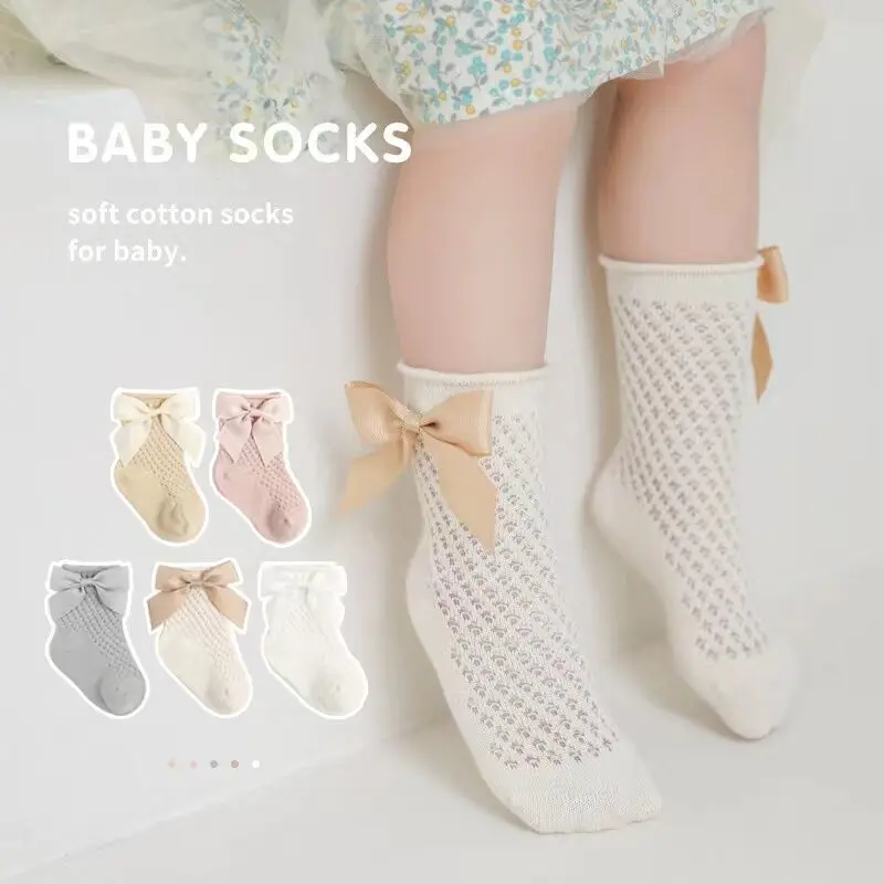 Baby Cute Bow Flower Summer Thin Style Solid Cotton Socks Newborn Breathable Mesh Girl's Bow Princess Socks 1-3-5Years Old