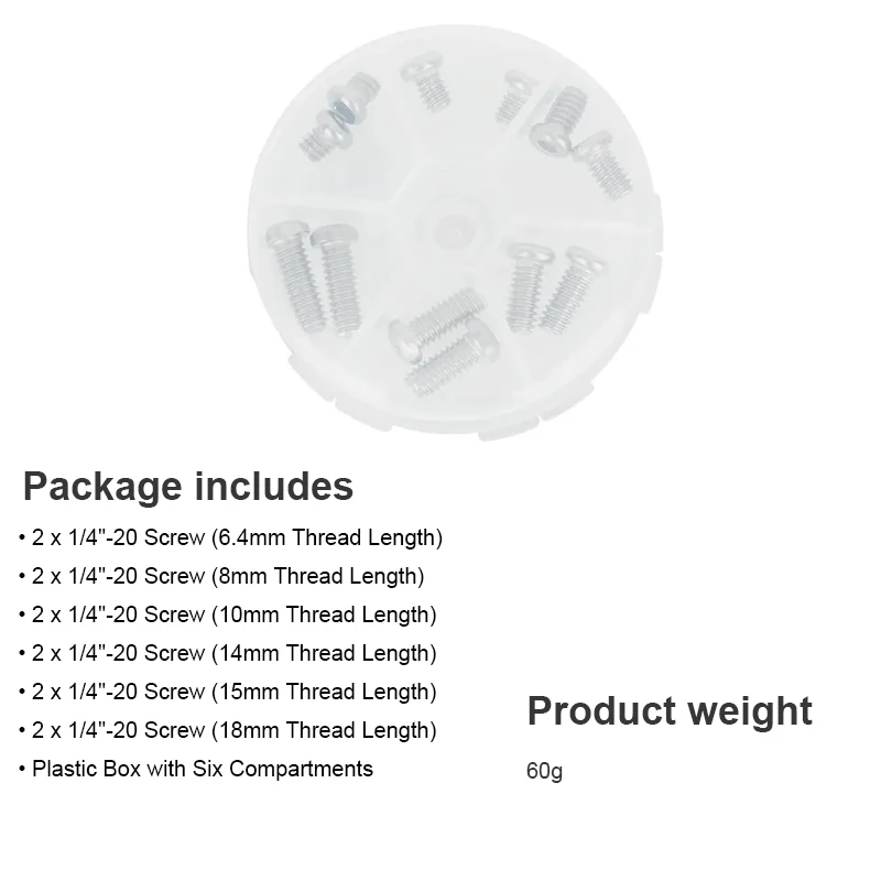 12pcs 6 Size 1/4"-20 Mounting Screw Set for Camera Accessories With Plastic Box