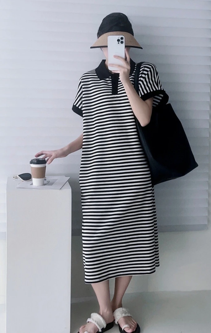 

152562 Fashion Classic Trendy Luxury Design Summer New Striped Mid Length Short Sleeved POLO T-shirt Dress Women C5
