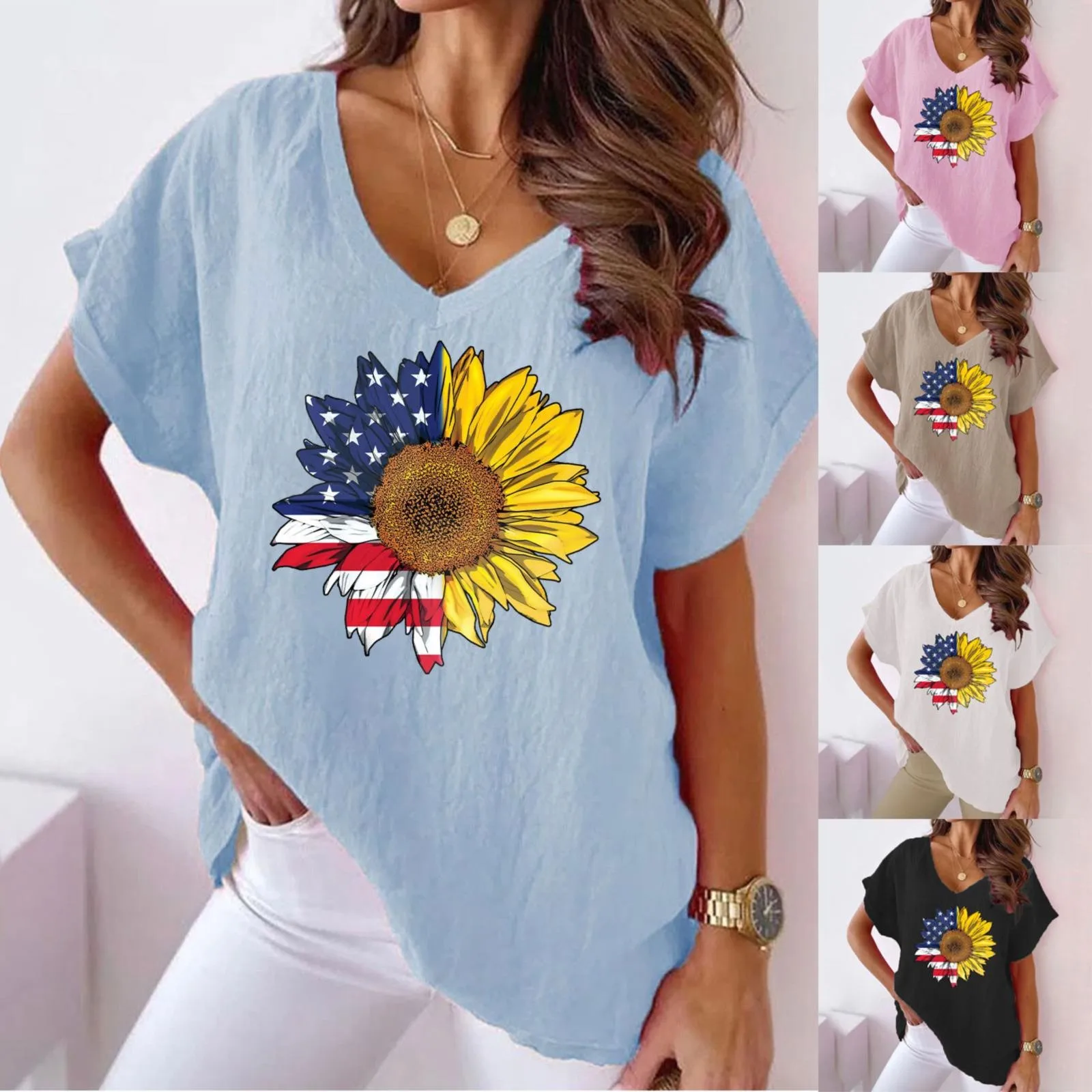 

Sunflower Print V Neck Cotton Casual Bat Short Sleeve T Shirt Women T Shirts dish Top