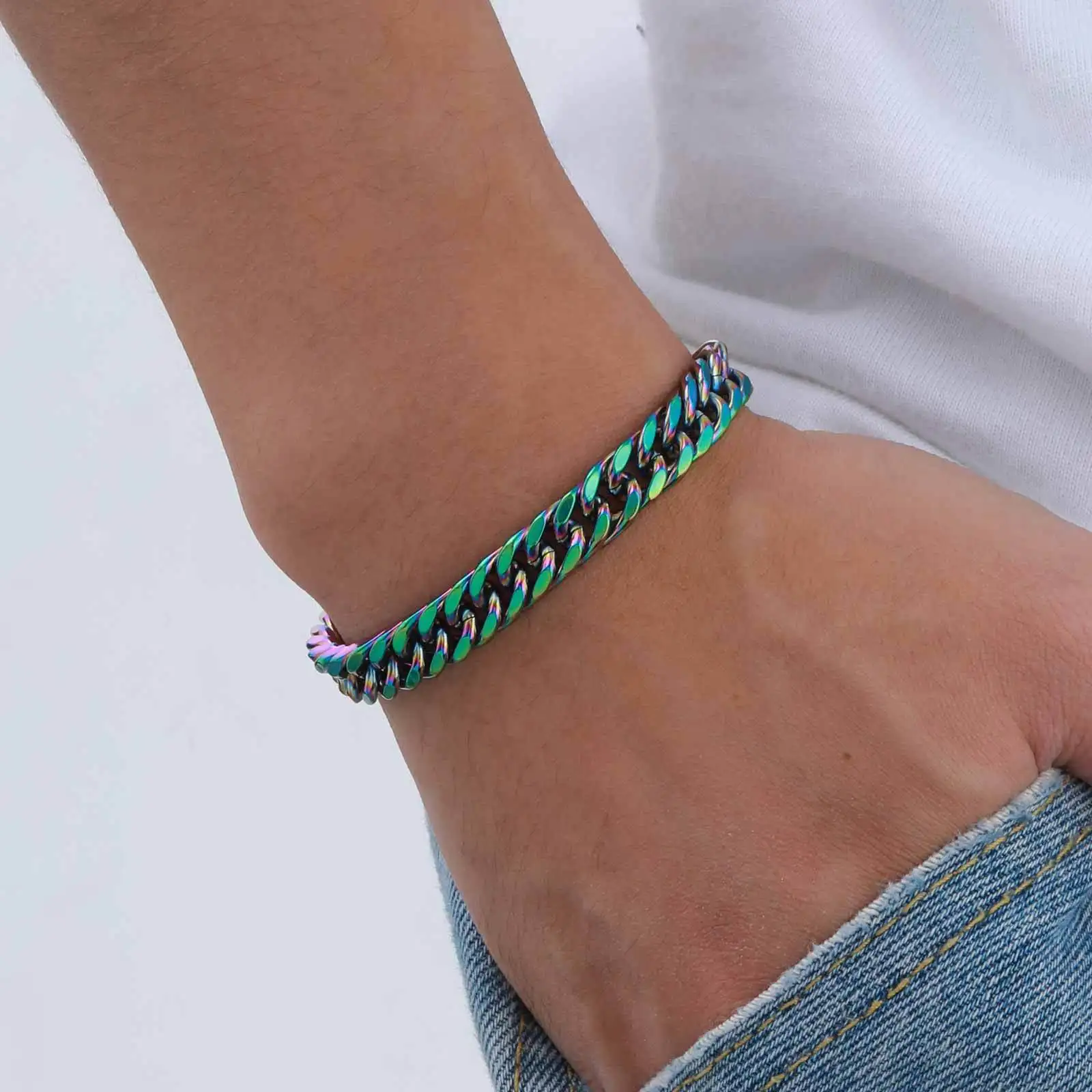 8mm/10mm/12mm Cuban Link Edelstahl Mann Armband Regenbogen Farbige Quadratische Link Armband Schmuck Geschenk für Papa Valentinstag – Detail 8